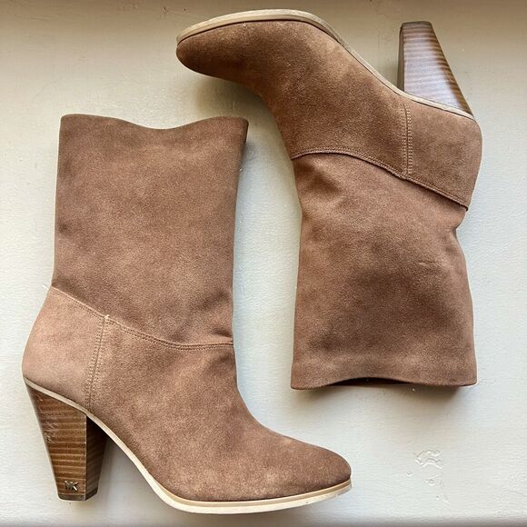Michael Kors Cognac Brown Suede Mid Calf Pull On Western Boots Women’s 8.5 M - Picture 1 of 16